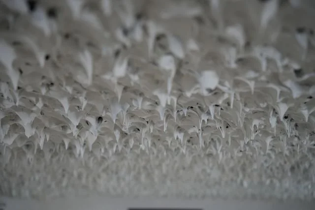 Rows of white, beaked forms hang overhead in a densely layered installation.