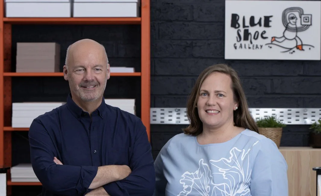Clive Salter and Eileen O&rsquo;Brien, founders of Blue Shoe Gallery, in their Cork studio beneath the gallery sign