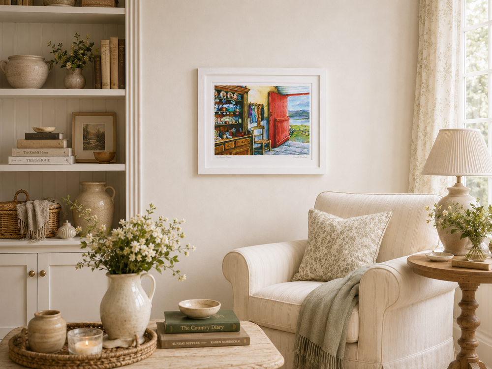 A framed painting of an Irish dresser hanging above a wooden console in a quiet room