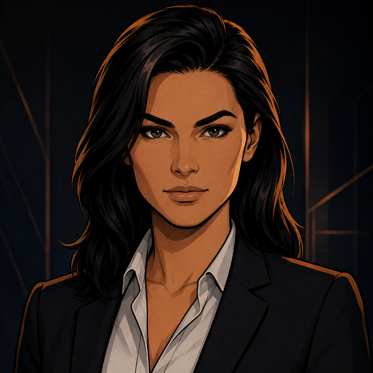 Illustrated portrait of a professional woman in a dark blazer and light shirt, warm amber rim lighting, dark background