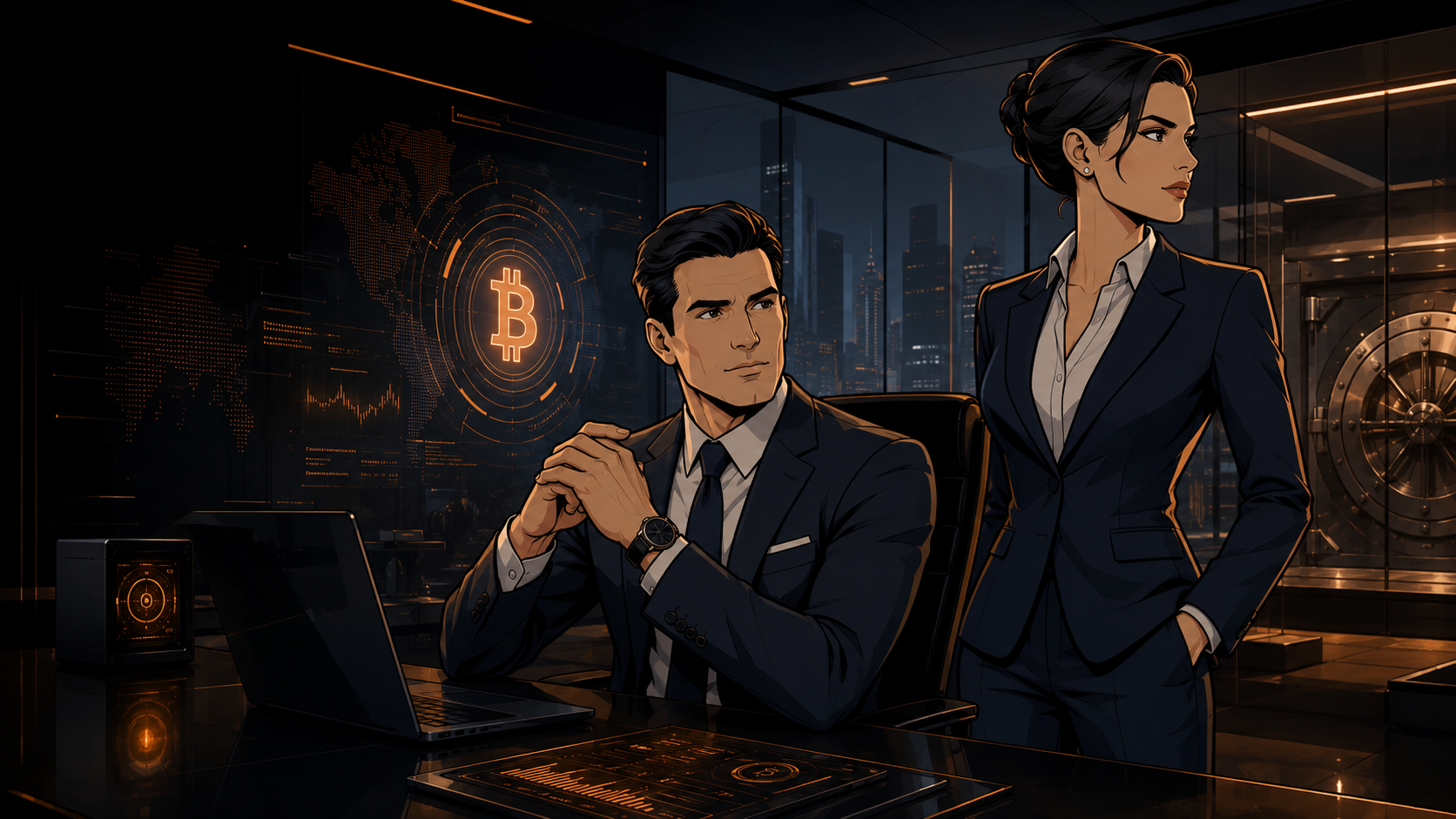 Two professionals in a dark executive office at night, with a vault door, city skyline, and glowing orange Bitcoin data displays on screen