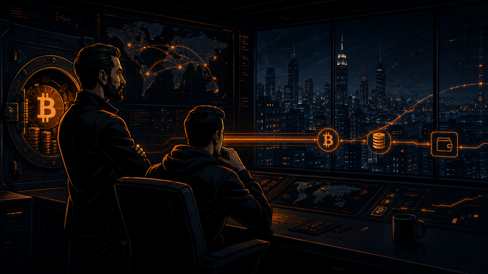 Archer-style illustration: founders in a command center with Bitcoin vault, global network map, and orange terminal UI overlooking a city at night
