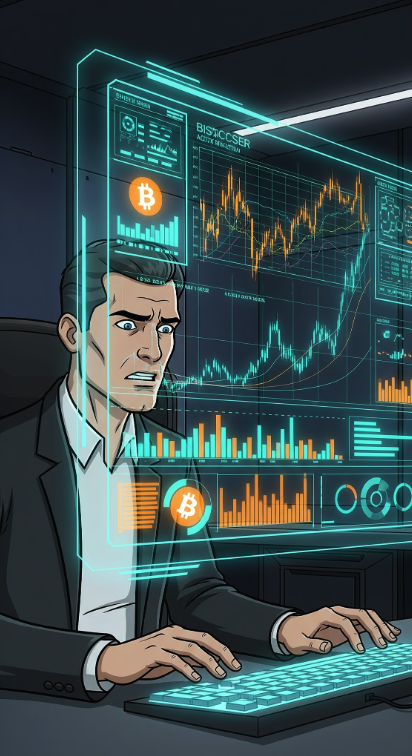 Businessman in a suit at a desk with holographic financial graphs and Bitcoin symbol, in a high-tech office environment with digital screens
