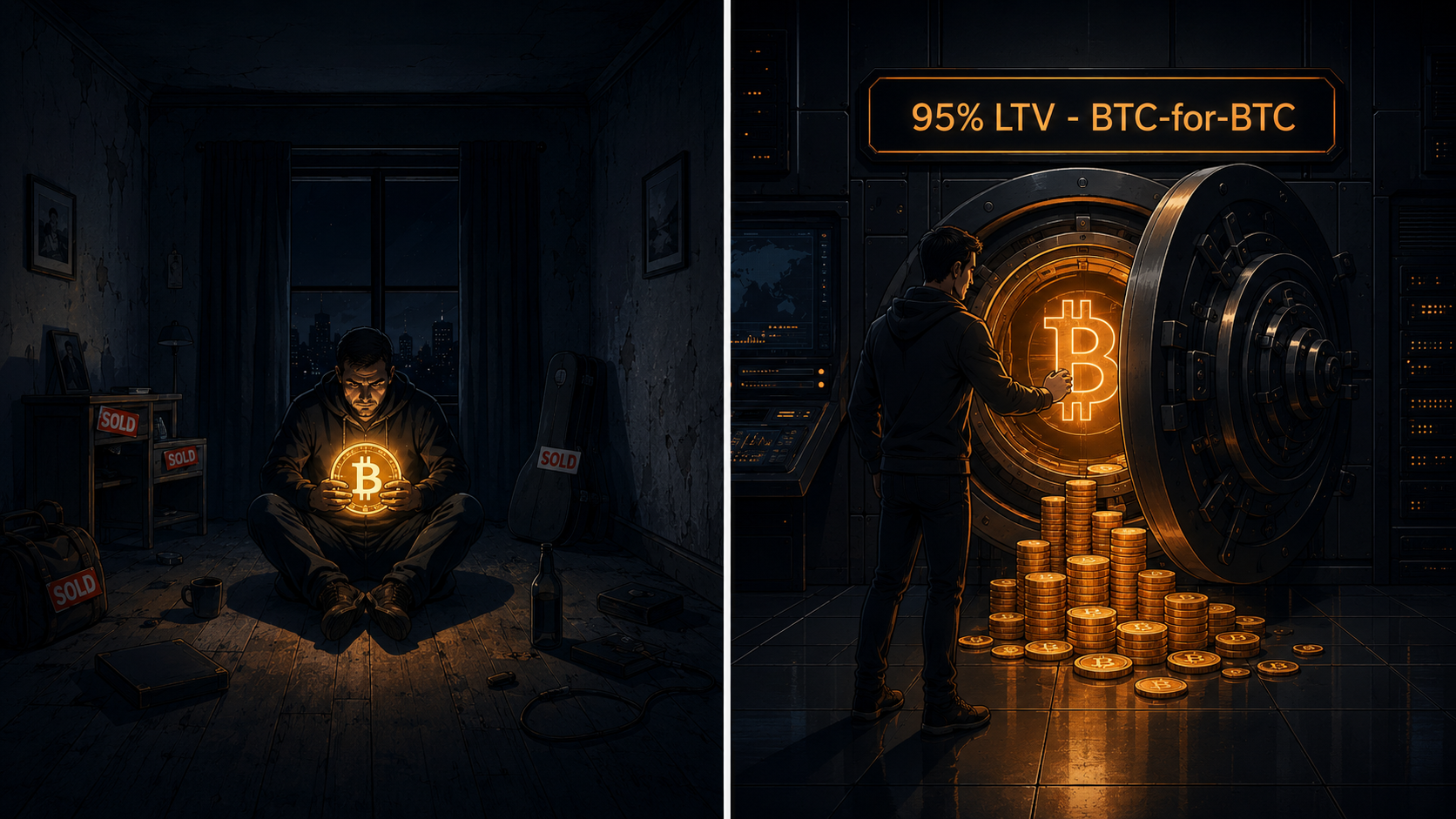 Split illustration: left, a holder in a dark room with sold belongings clinging to one Bitcoin; right, the same person at an open vault with stacked Bitcoin and a 95% LTV BTC for BTC sign