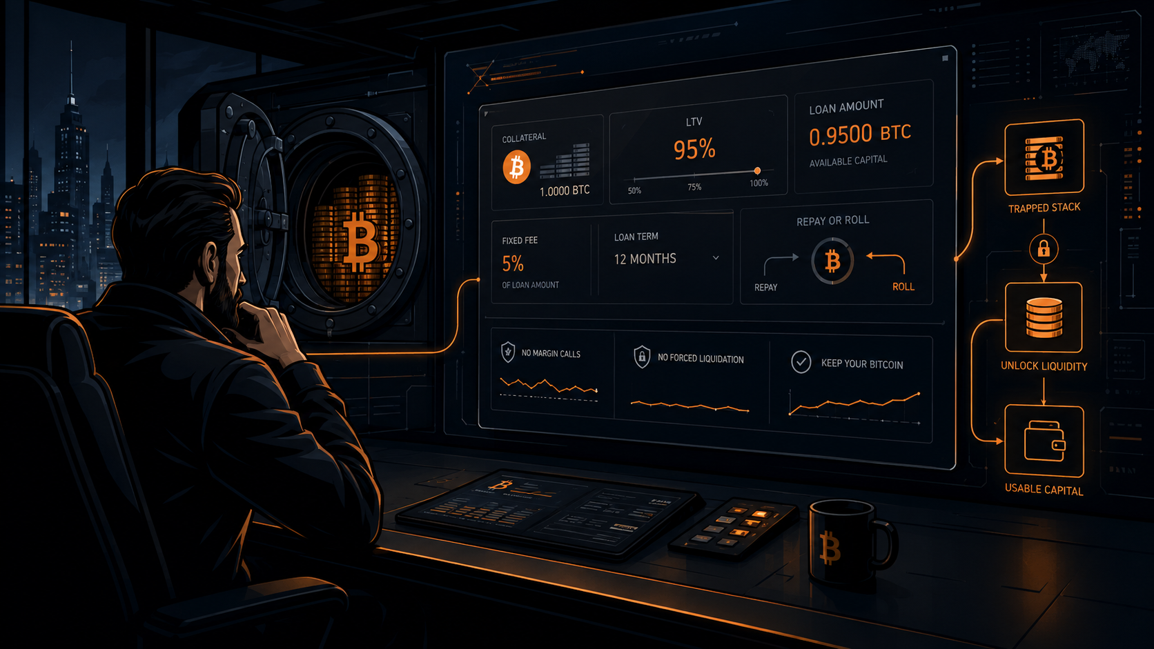 Archer-style illustration: Terminal Bitcoiner at an orange terminal dashboard unlocking liquidity from a Bitcoin vault, 95% LTV, no margin calls