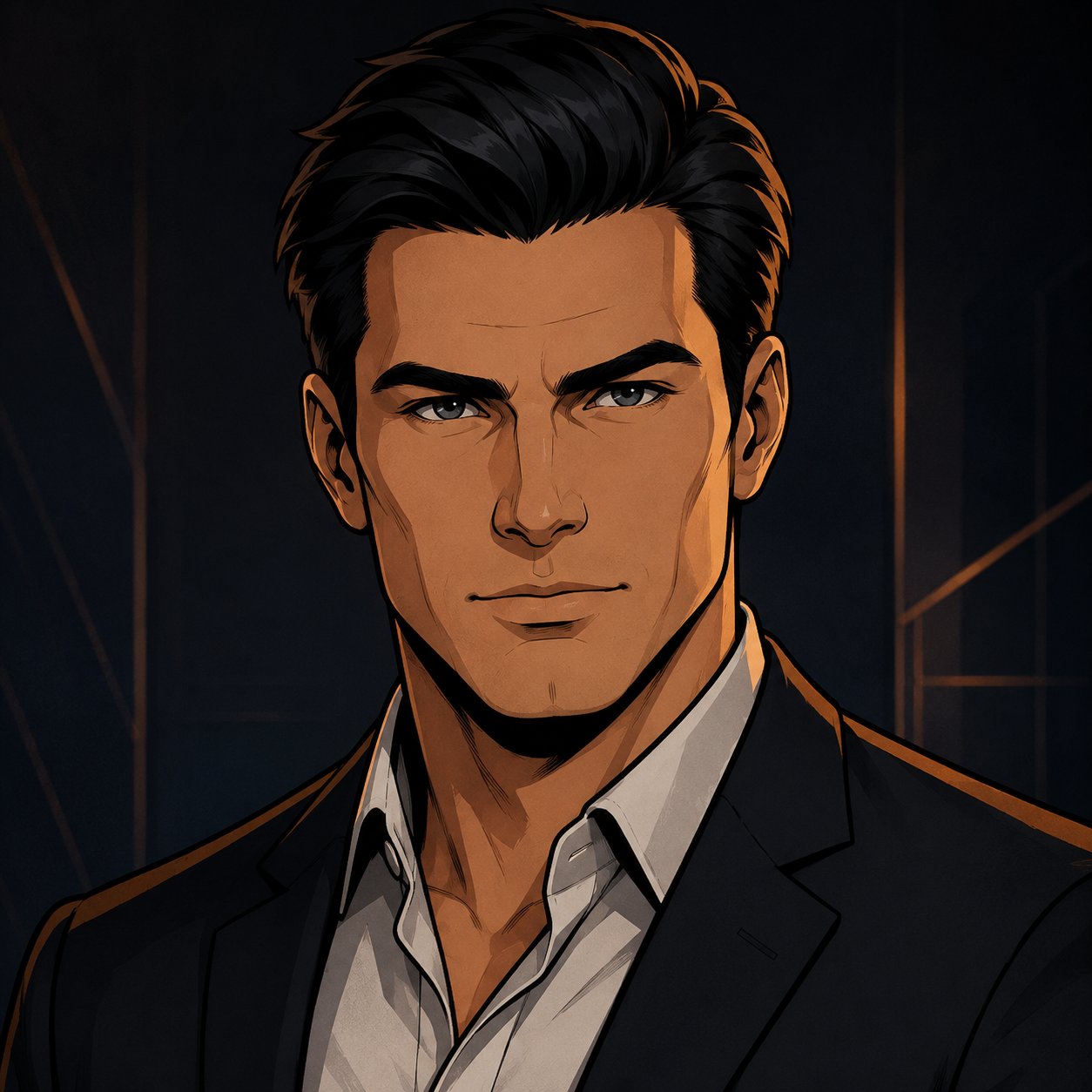 Illustrated portrait of a professional man in a dark suit and white shirt, warm rim lighting, dark background