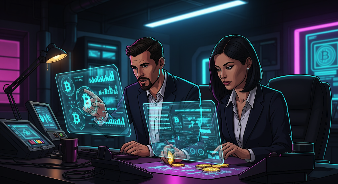 Two professionals in a dark high-tech office with holographic Bitcoin data and coins, discussing digital currency