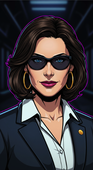 Cartoon image of a confident woman with shoulder-length brown hair, wearing black sunglasses, gold hoop earrings, a dark blazer over a white shirt, and a gold pin on her blazer, with a dark background and purple outline
