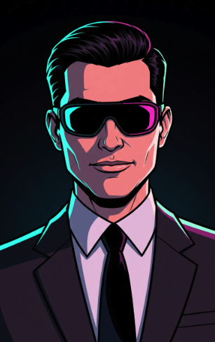 Digital illustration of a man wearing sunglasses and a suit, with a confident expression