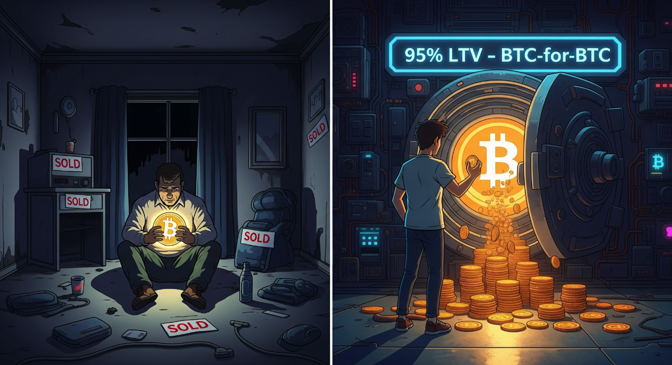 Split illustration showing a person in a messy, dark room with sold signs on their belongings, and another person in a high-tech vault with a large Bitcoin symbol and stacks of coins