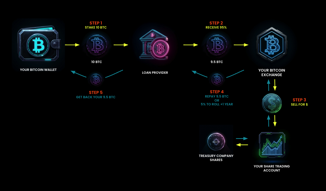 How Loan My Coins works: stake BTC, receive 95%, deploy, repay or roll, get collateral back