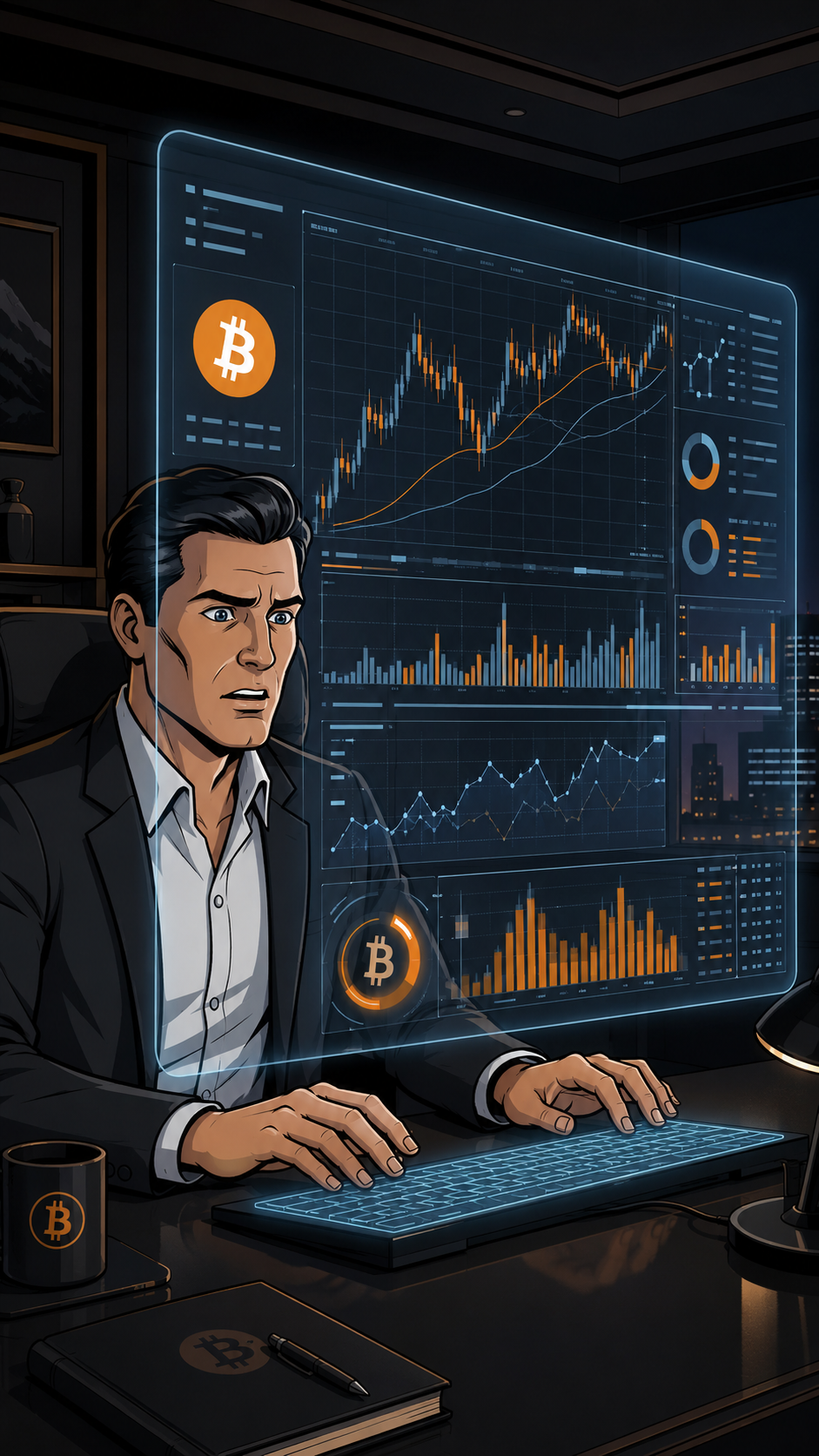 Professional at a desk reviewing a holographic Bitcoin trading terminal with charts and data displays, in a dark office overlooking a city at night