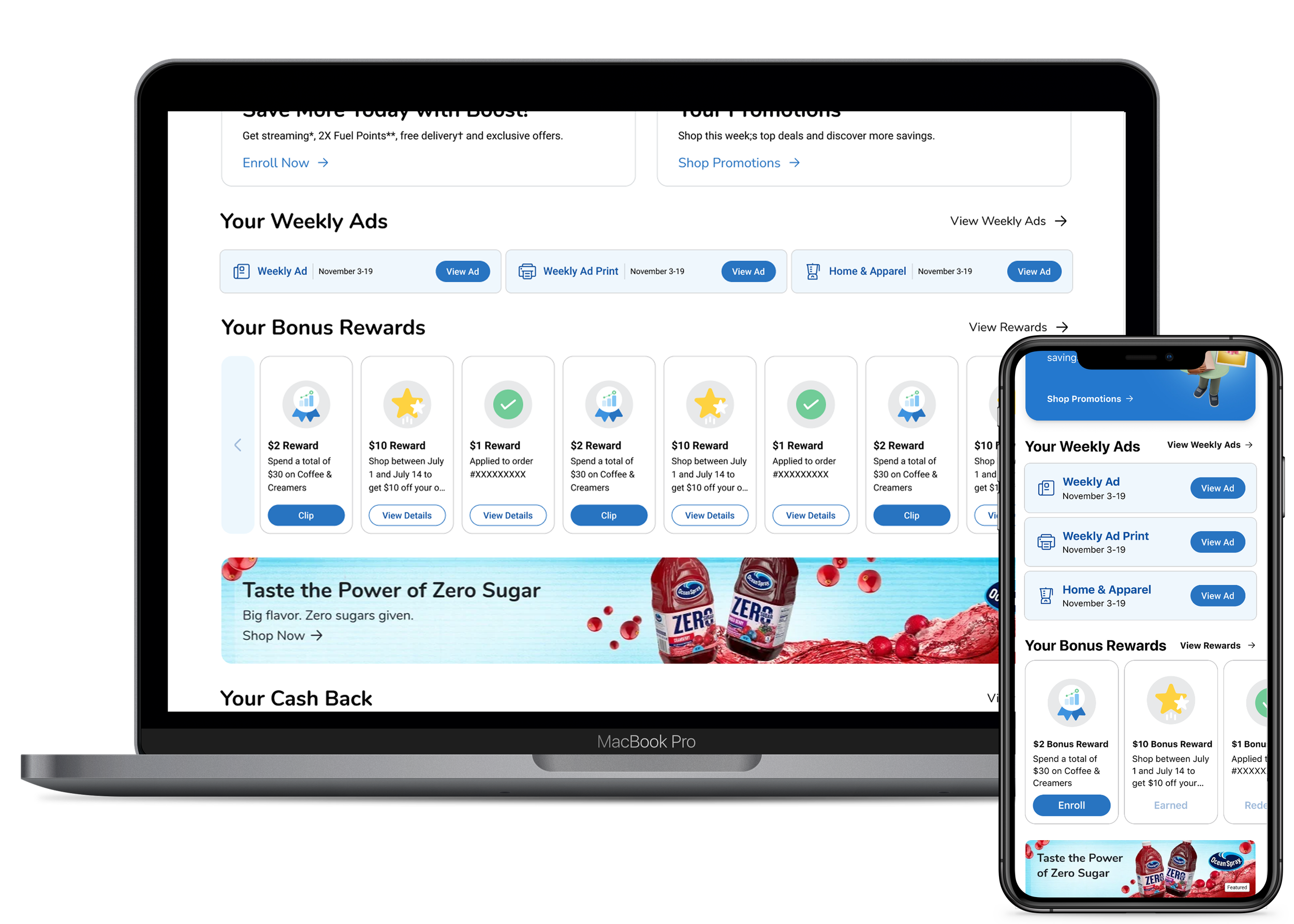 Weekly Ad Selector on MacBook and iPhone showing the Savings Center with three Weekly Ad cards
