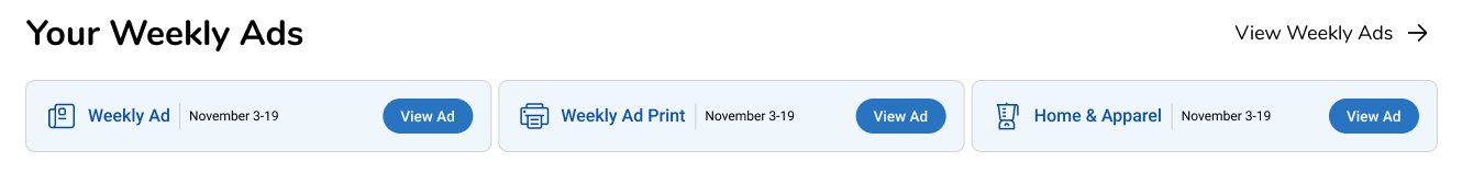 Shipped Your Weekly Ads component on Savings Center showing three ad cards: Weekly Ad, Weekly Ad Print, and Home and Apparel with November 3-19 date ranges and View Ad buttons