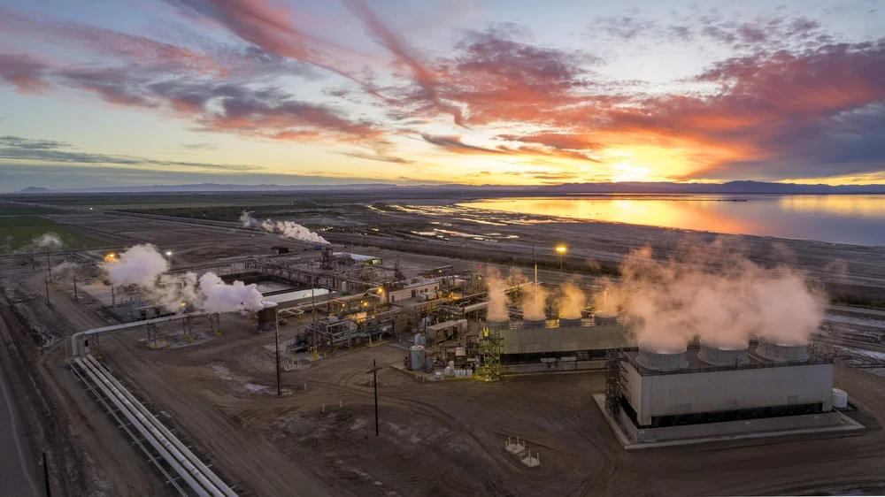 Geothermal plants near the Salton Sea at sunset