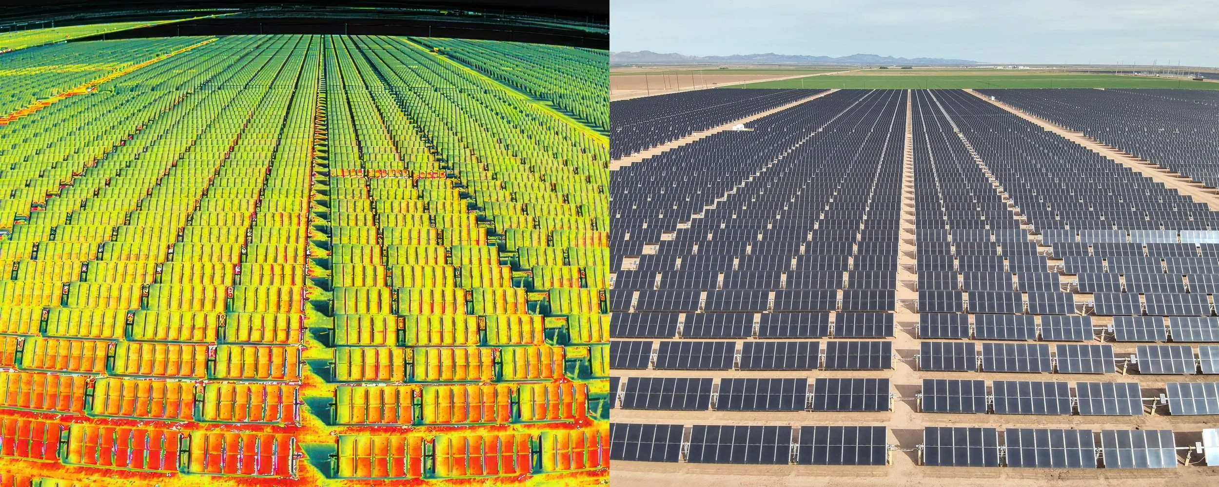 Side-by-side drone thermal and visible images of a solar array showing panel heat signatures