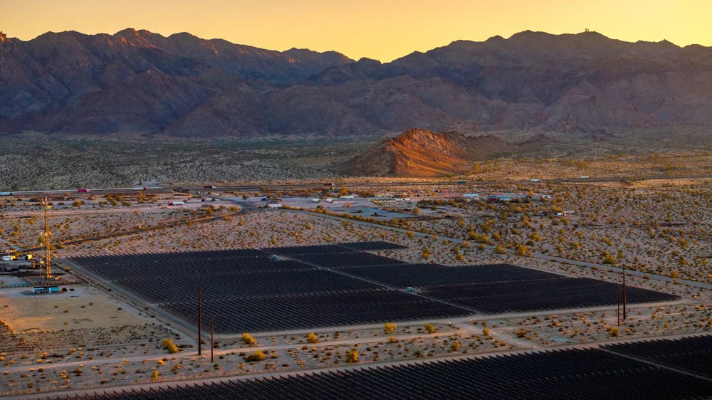 Drone aerial of a utility-scale solar farm near Desert Center in the Chuckwalla Valley