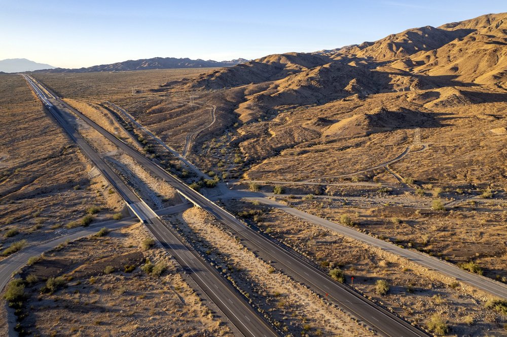 Drone aerial of the I-10 corridor through the desert