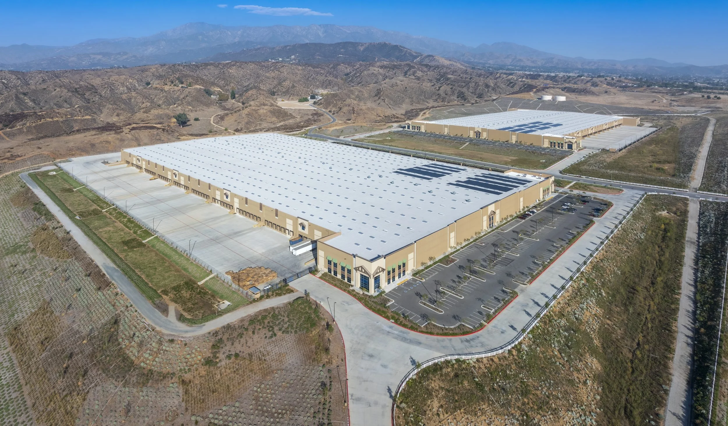 Drone aerial of a new distribution center on a graded construction pad