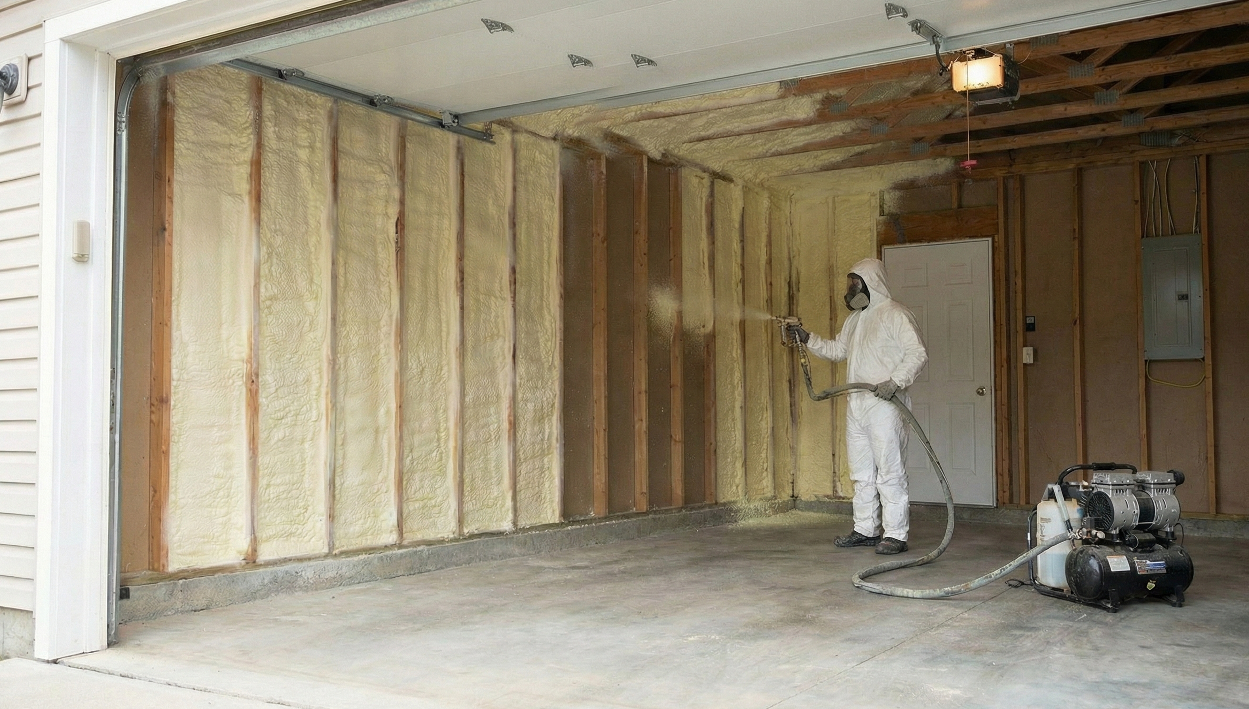 Garage ceiling spray foam insulation being applied in a Junction home