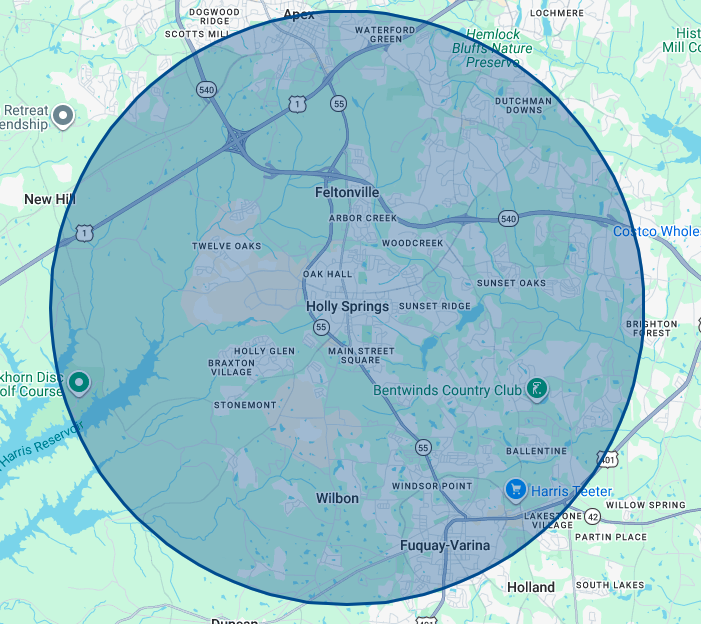 Amped Up Lawn Care service area near Holly Springs, NC