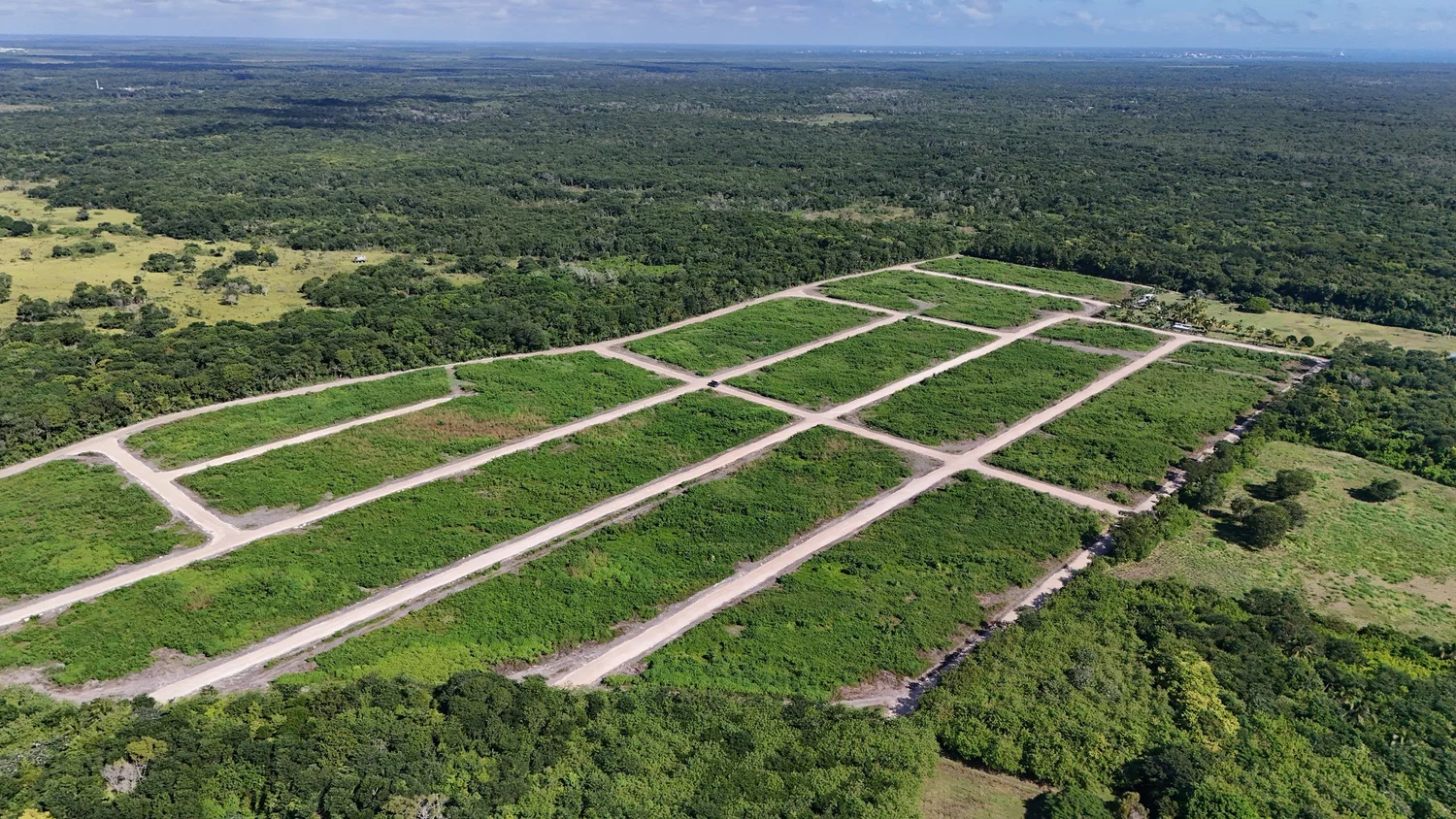 Low-altitude drone shot across cleared, level lots with tree lines marking the edges