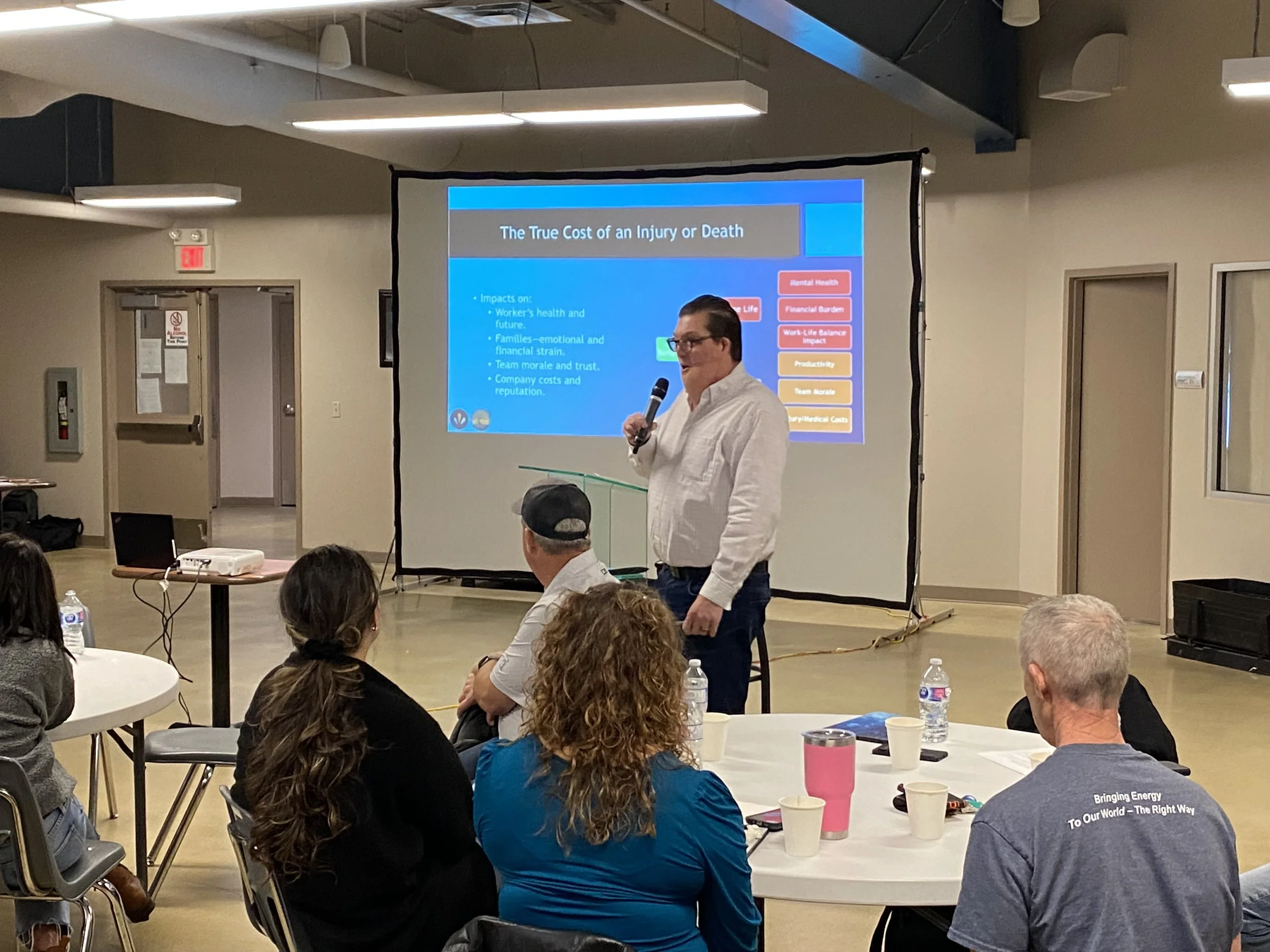 Workers attending John Westhaver's safety presentation