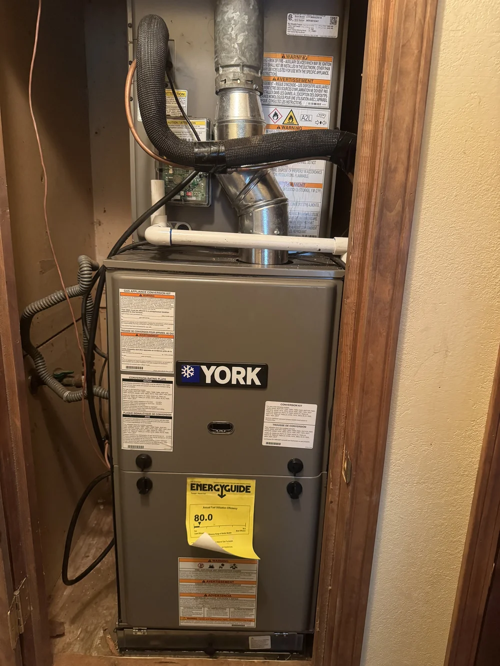 York gas furnace installed in a utility closet by Clark HVAC at a home near Keota, OK