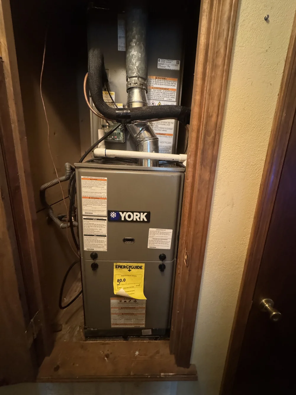 York gas furnace installed in a closet by Clark HVAC at a home near Keota, OK