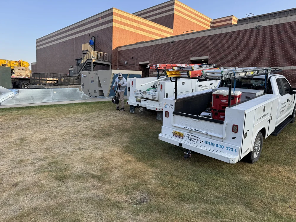 Clark HVAC service truck on a commercial HVAC job at a school in Greenwood, AR