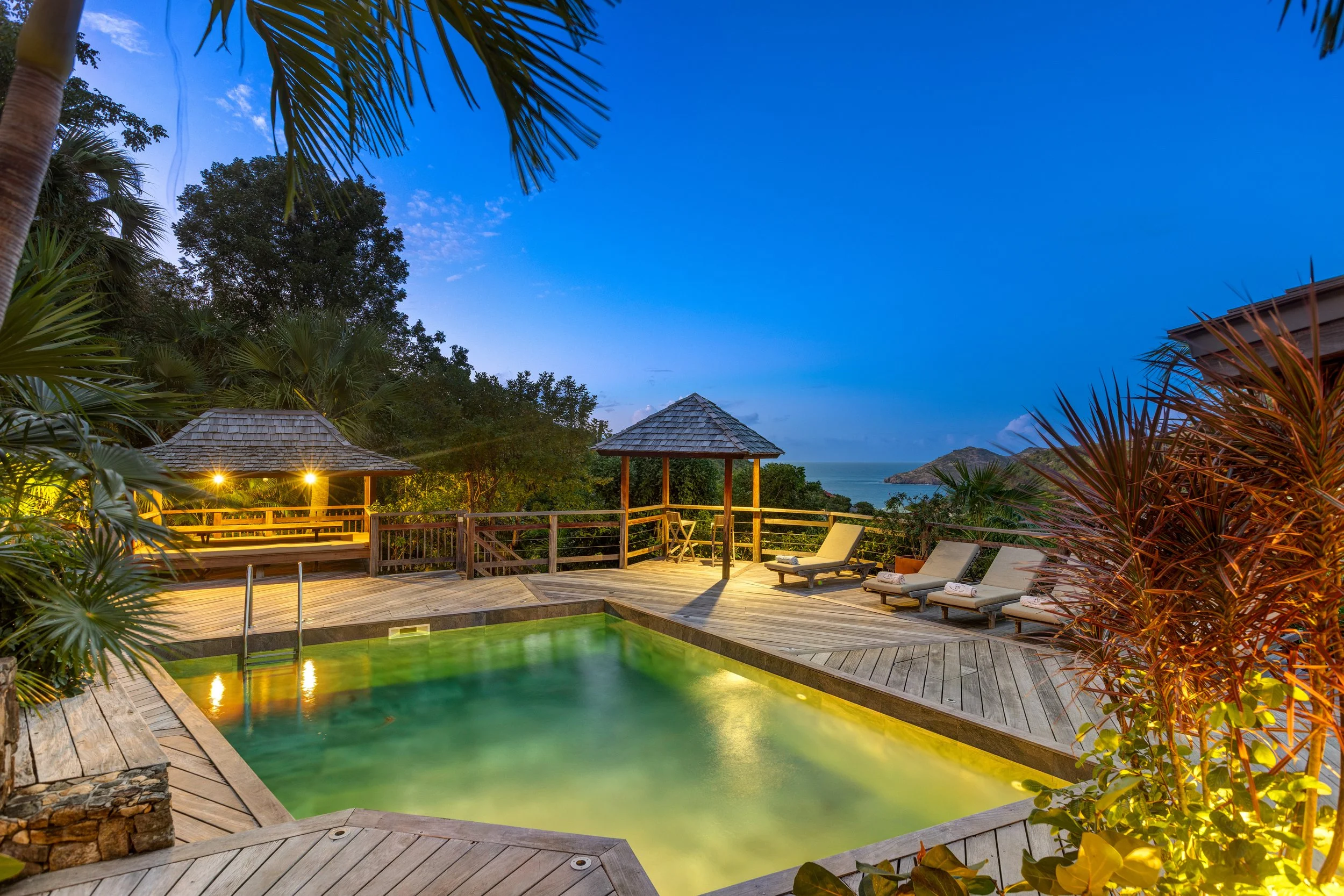 Villa Lama pool at dusk
