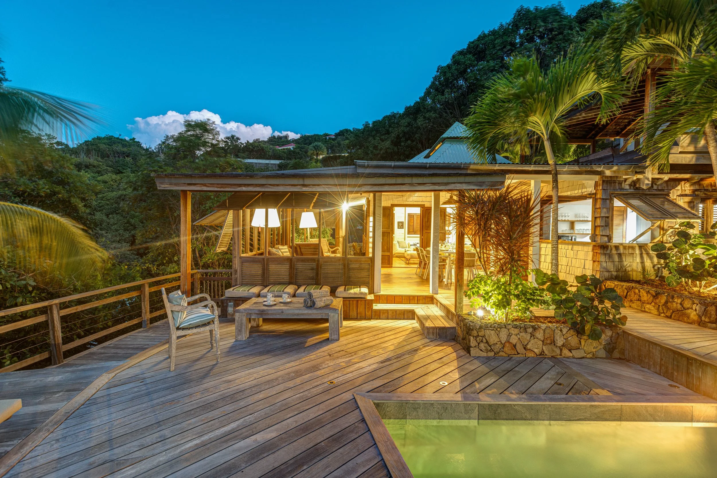 Villa Lama pool house at dusk