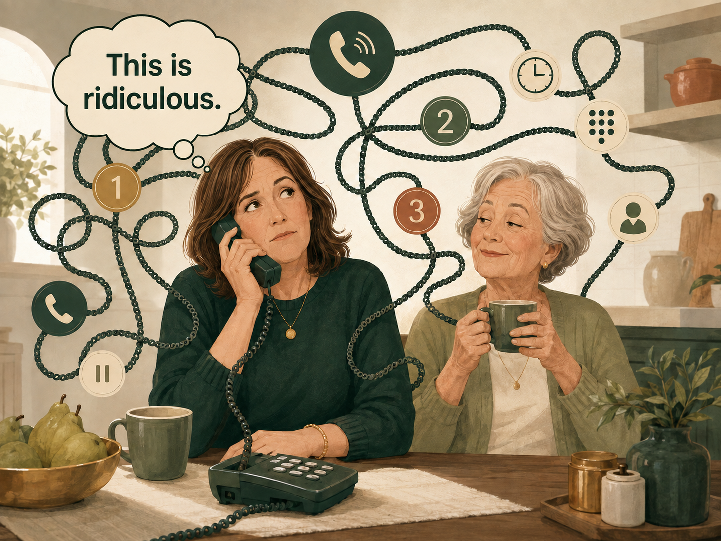 Daughter waiting through a confusing corporate phone menu while thinking this is ridiculous