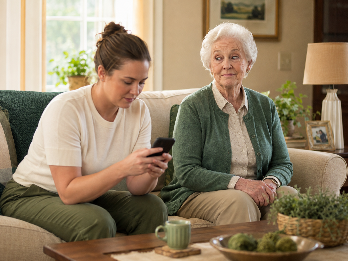 Older woman giving a knowing look while a caregiver focuses on her phone