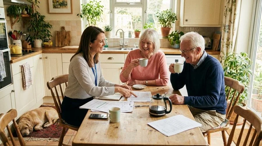 Care professional meeting with an older couple at their kitchen table