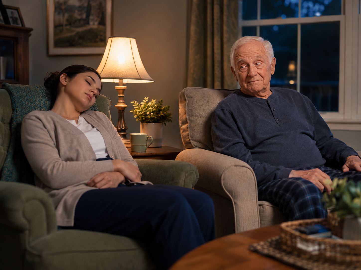 Older man looking toward a caregiver who has fallen asleep during an overnight visit