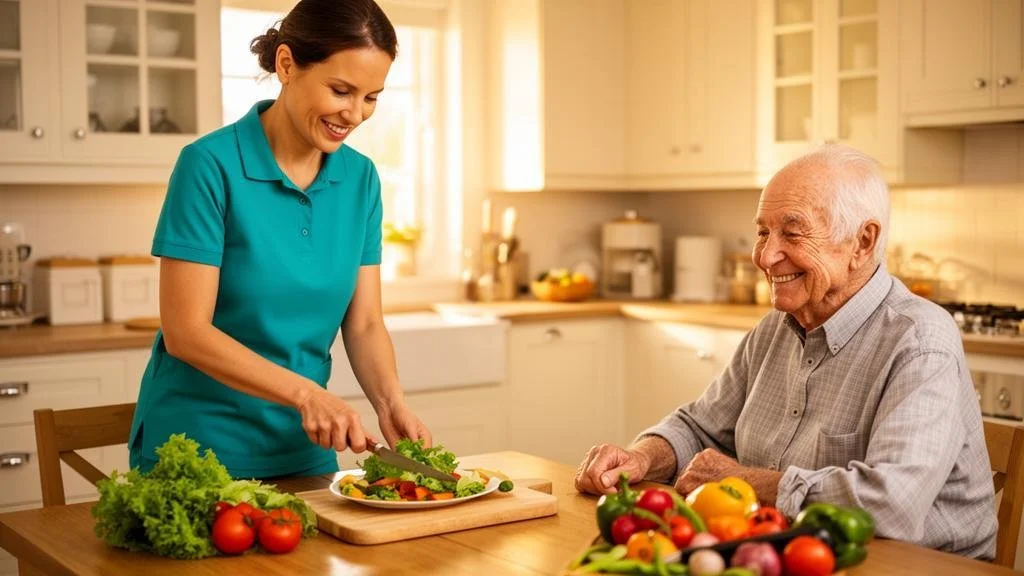 Caregiver preparing a fresh meal with an older man