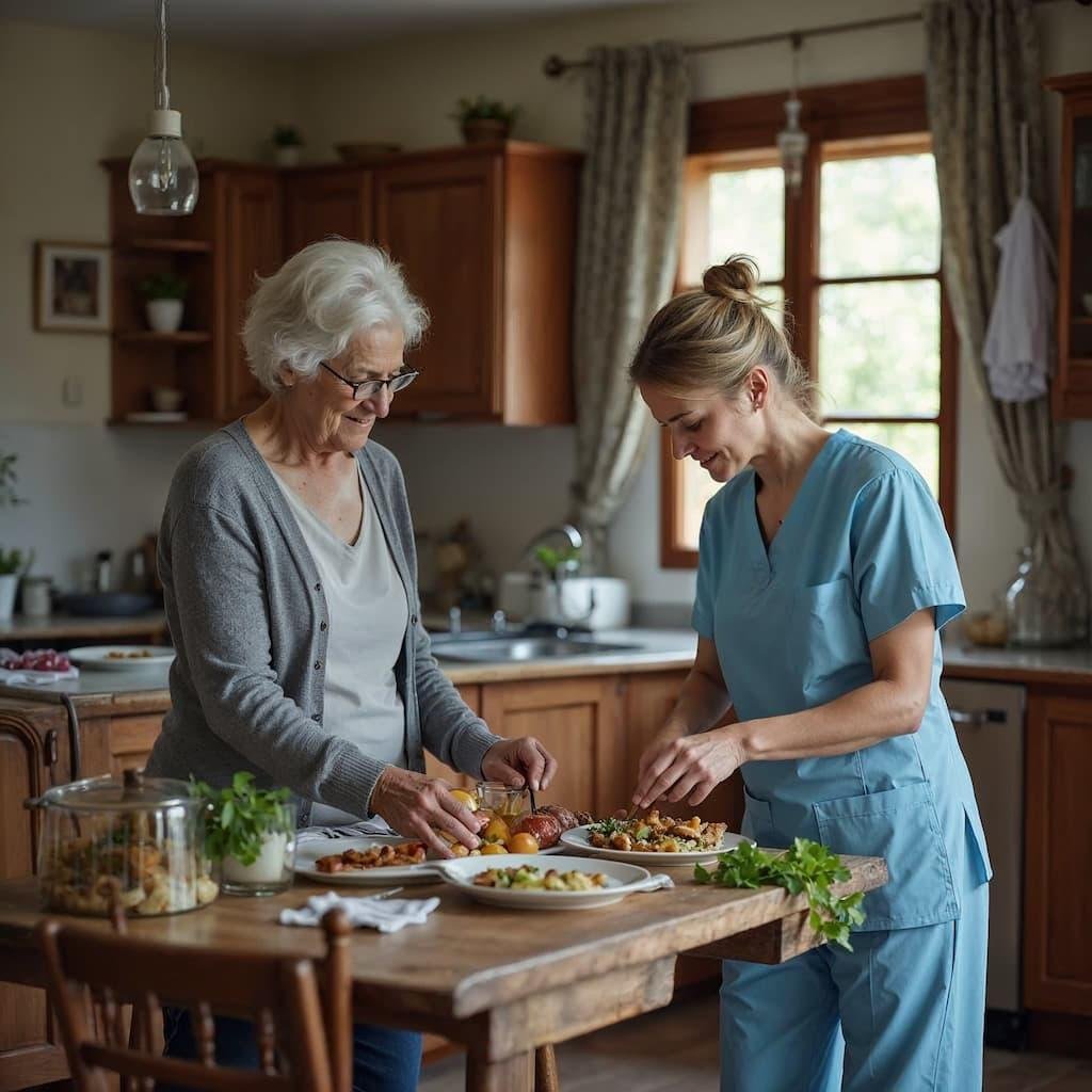 Caregiver and older woman preparing a meal together at home