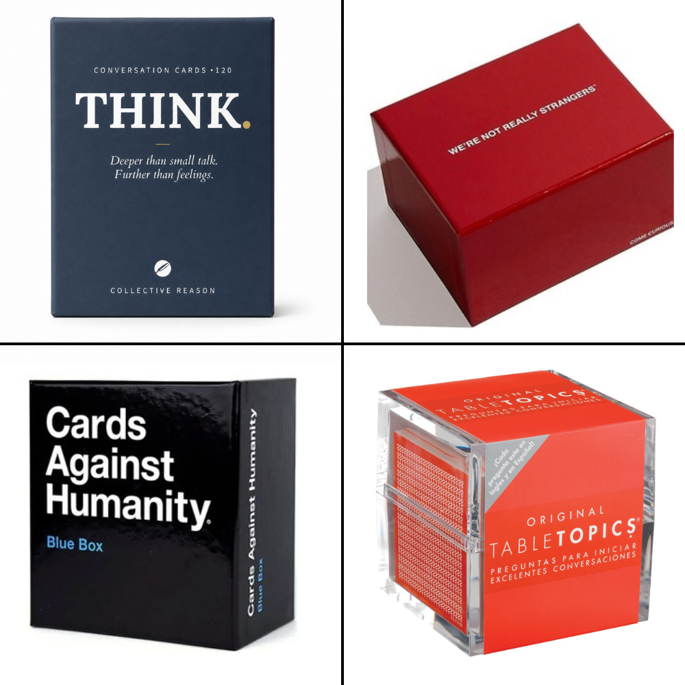Four card decks side by side: THINK., We're Not Really Strangers, Cards Against Humanity, and TableTopics
