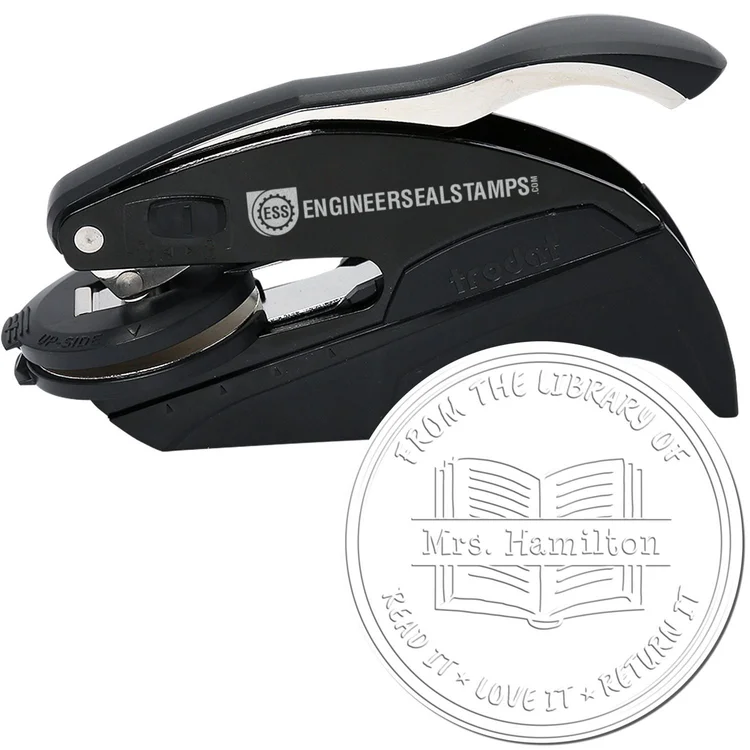 Personalized library embosser with a sample 'From the library of' impression