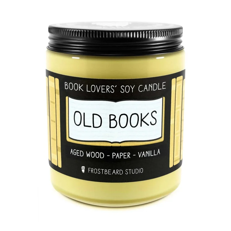 Frostbeard Studio Old Books soy candle in a glass jar