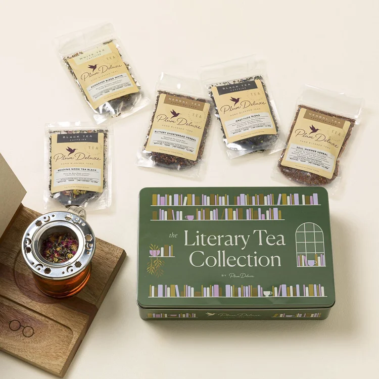 Uncommon Goods Book Lover's Tea Collection tin with loose-leaf tea pouches