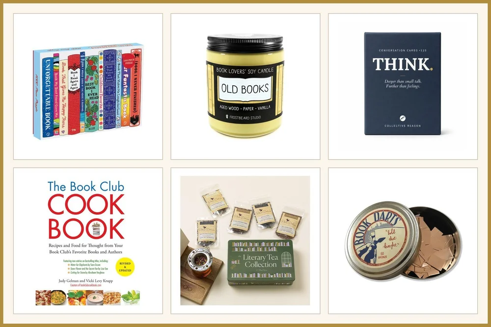 Six book club gift ideas: a bookshelf puzzle, an Old Books candle, the THINK. card deck, The Book Club Cookbook, a literary tea collection and a tin of Book Darts
