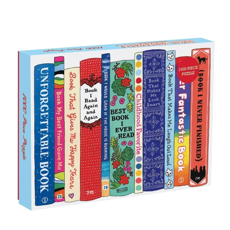 Ideal Bookshelf: Universals 1000-piece puzzle box by Galison and Jane Mount, showing illustrated book spines