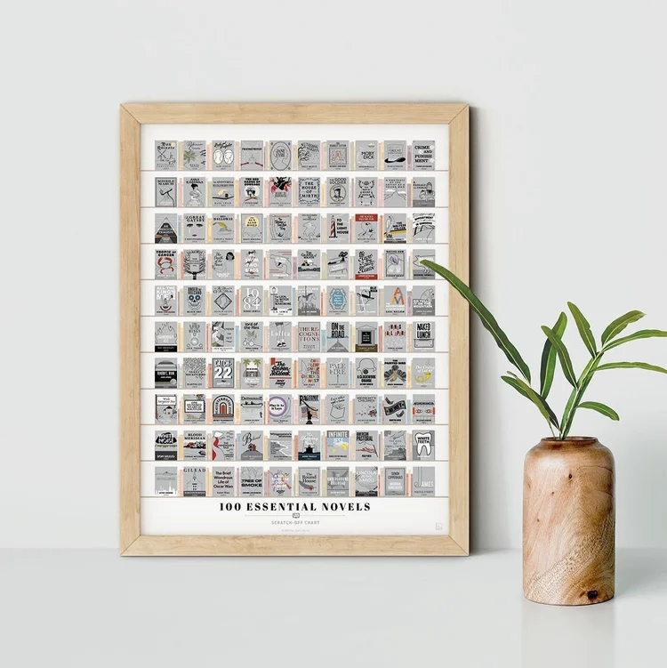 Pop Chart 100 Essential Novels scratch-off chart in a wooden frame