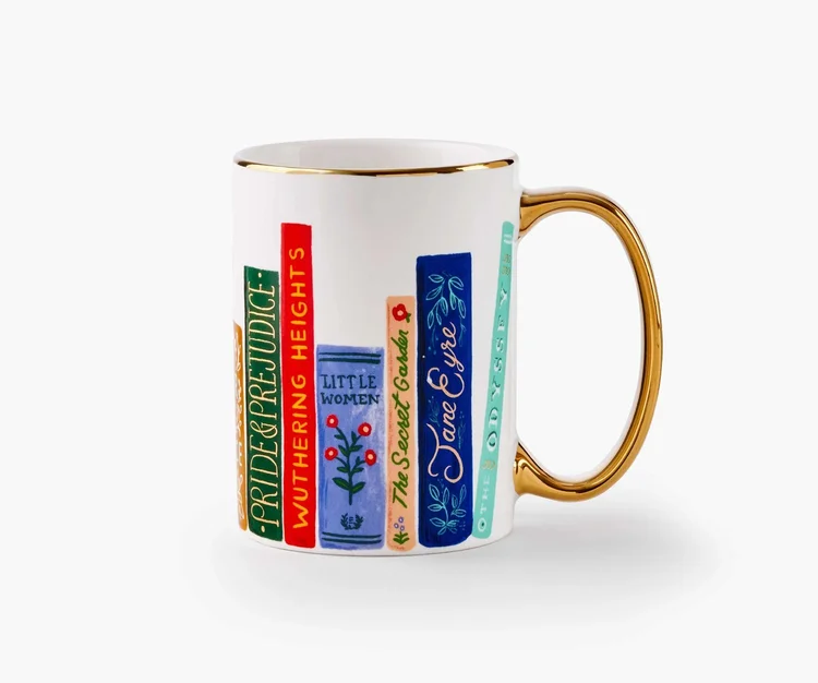 Rifle Paper Co. Book Club porcelain mug with painted book spines and a gold handle