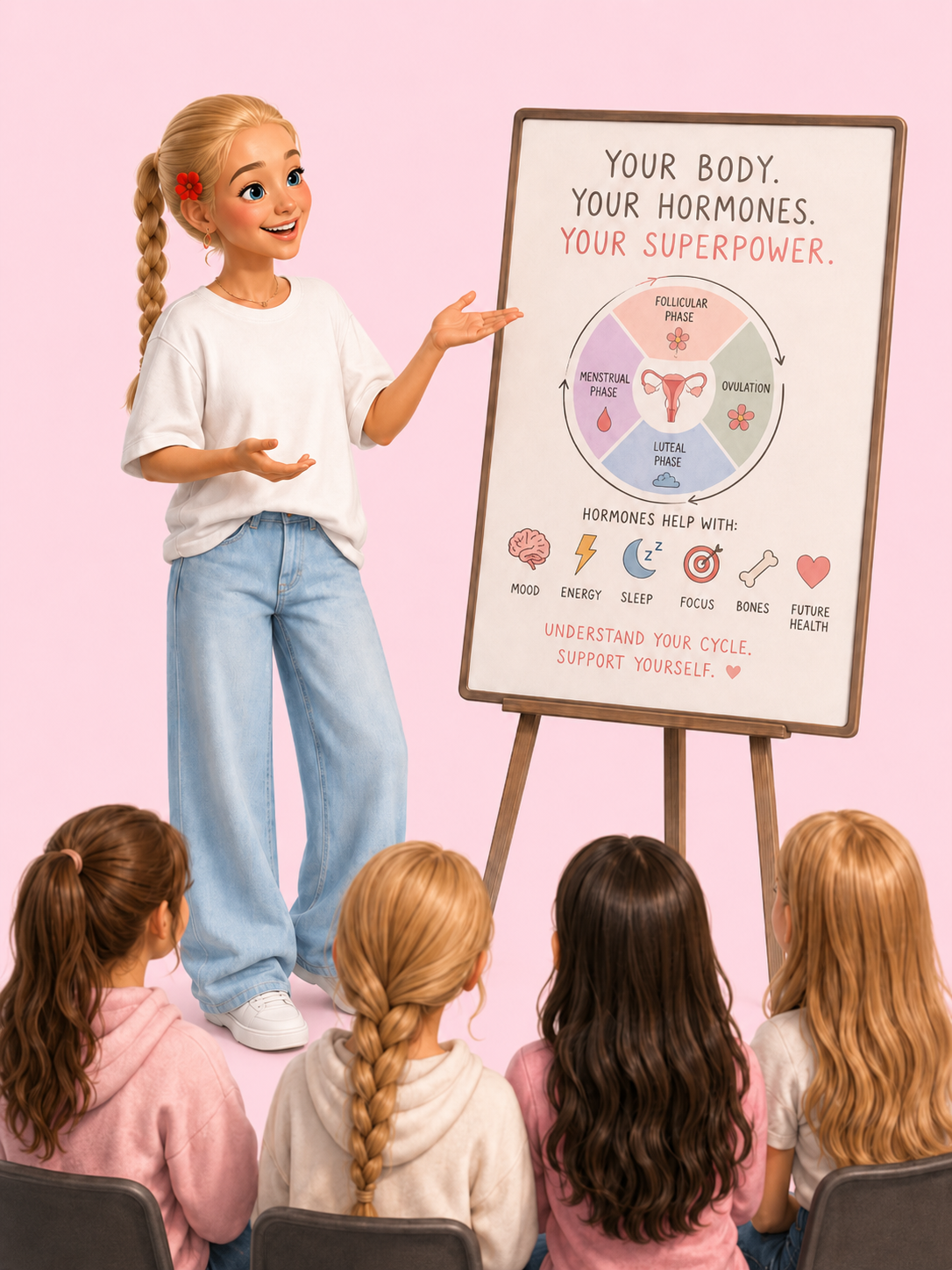 Illustration of a young woman teaching a group of students
