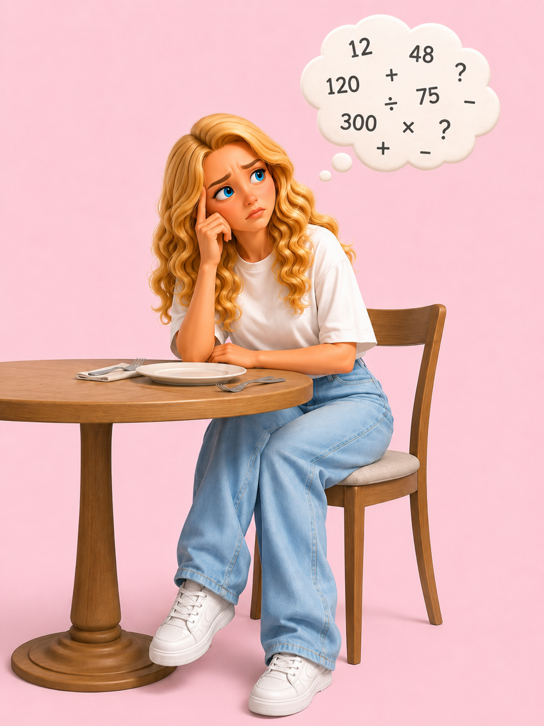 Illustration of a blonde character thinking about counting calories