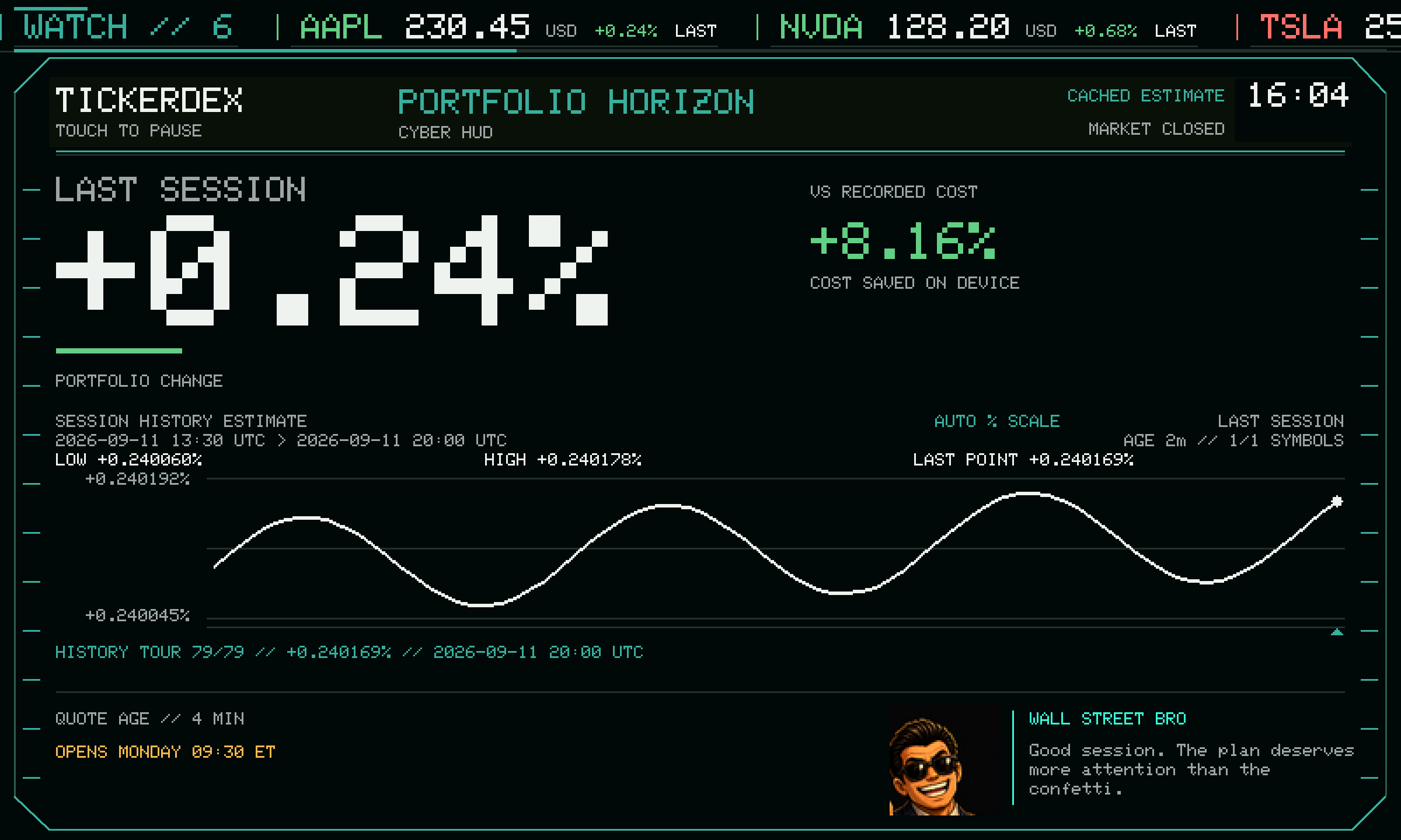 Horizon du portefeuille en veille — thème Cyber HUD — reconstitution avec données fictives.