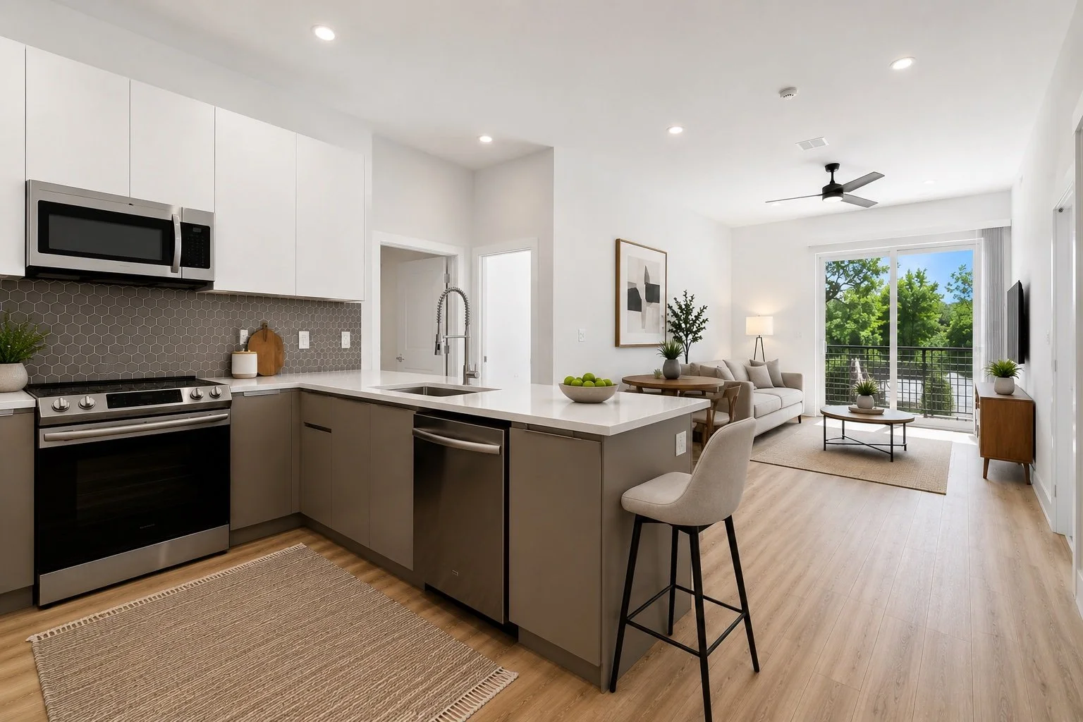 Virtually staged designer kitchen with breakfast bar at Moreland Walk #202